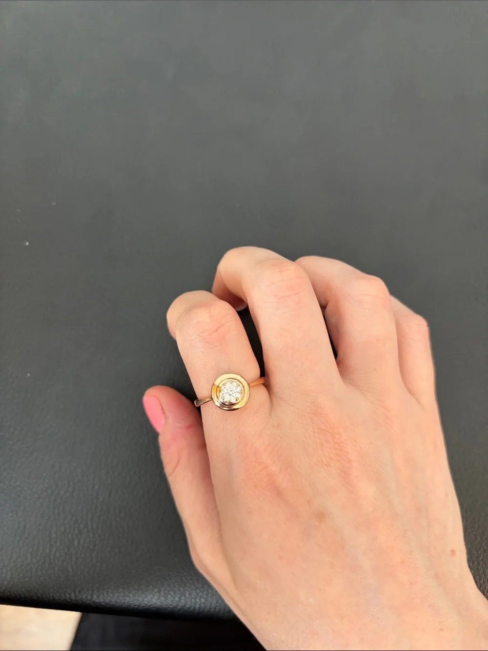 Gold-Tone Round Solitaire Ring with Clear Stone - Pink Accent